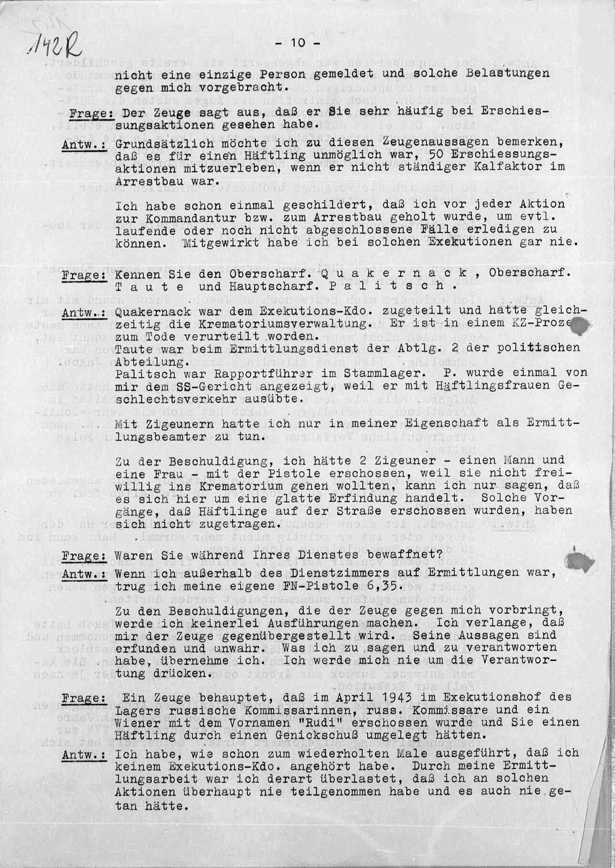 Interrogation of Wilhelm Boger on Auschwitz dated October 8, 1958