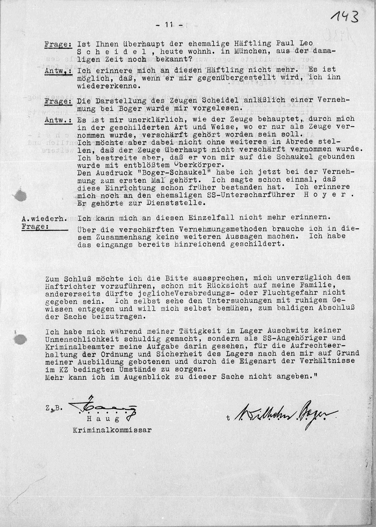 Interrogation of Wilhelm Boger on Auschwitz dated October 8, 1958