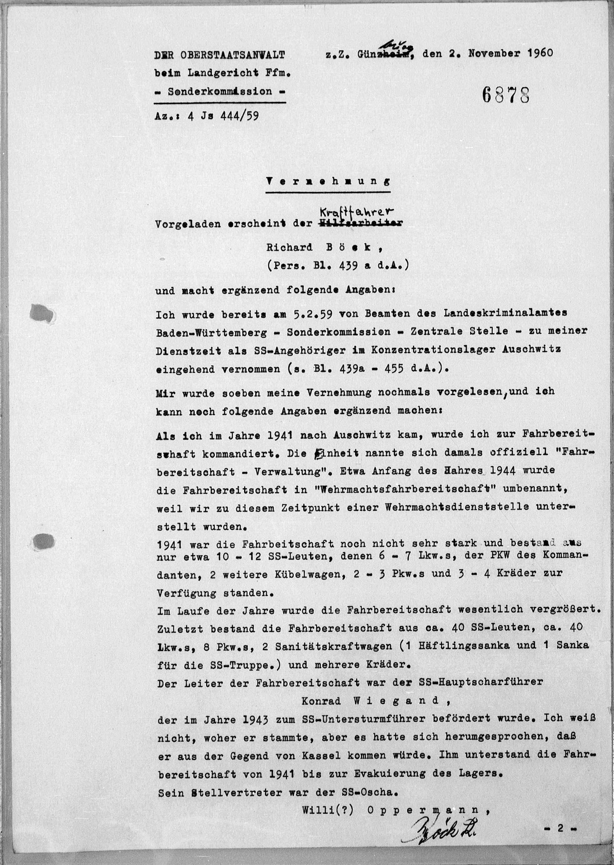 Interrogation of Richard Böck on Auschwitz dated November 2, 1960