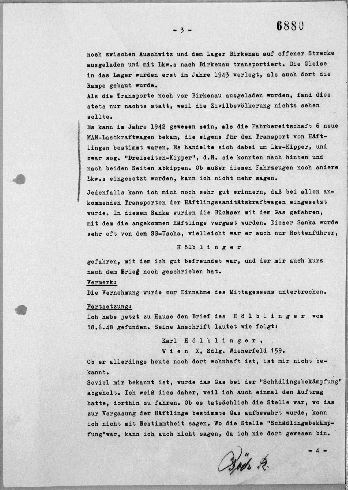 Interrogation of Richard Böck on Auschwitz dated November 2, 1960