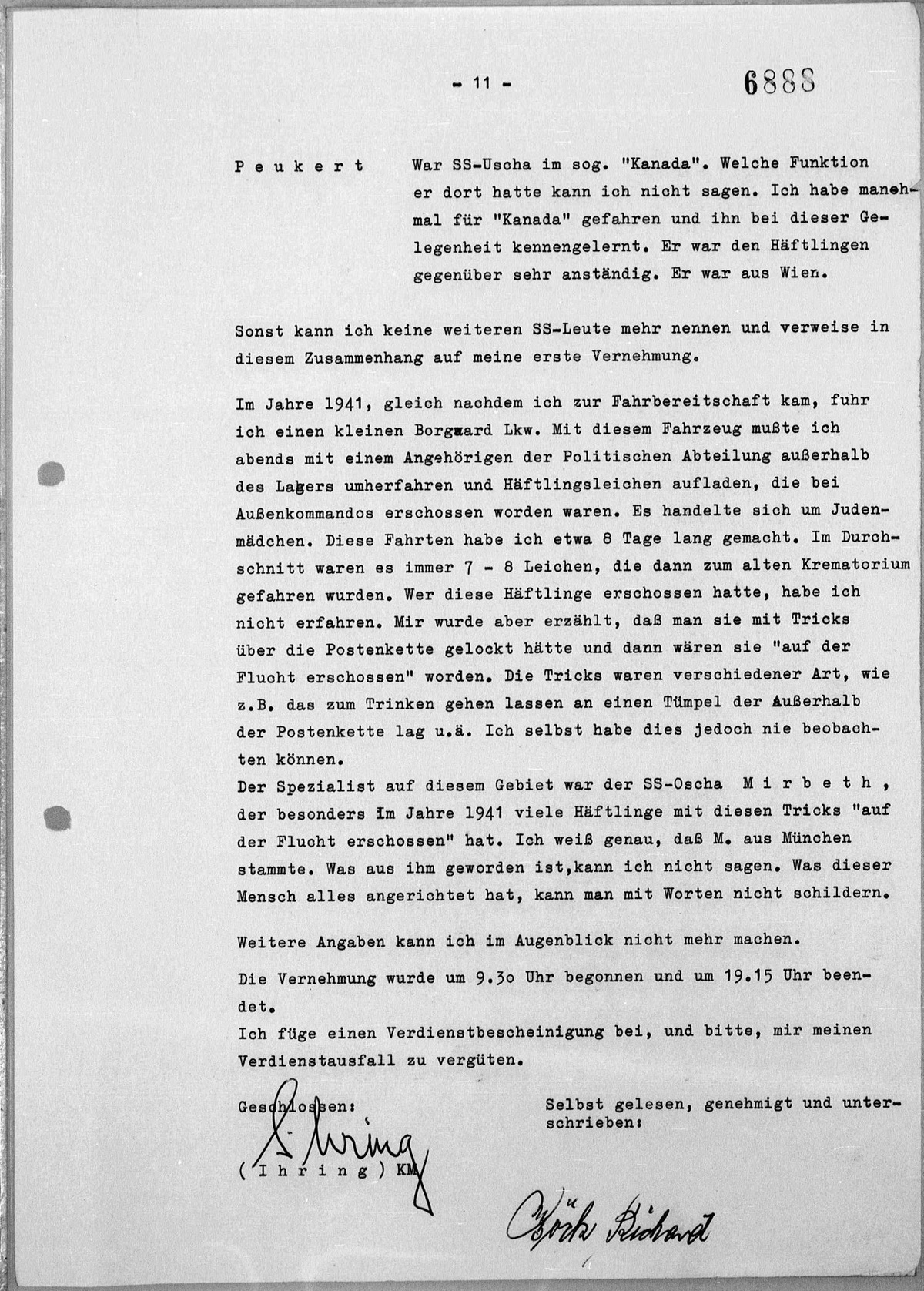 Interrogation of Richard Böck on Auschwitz dated November 2, 1960