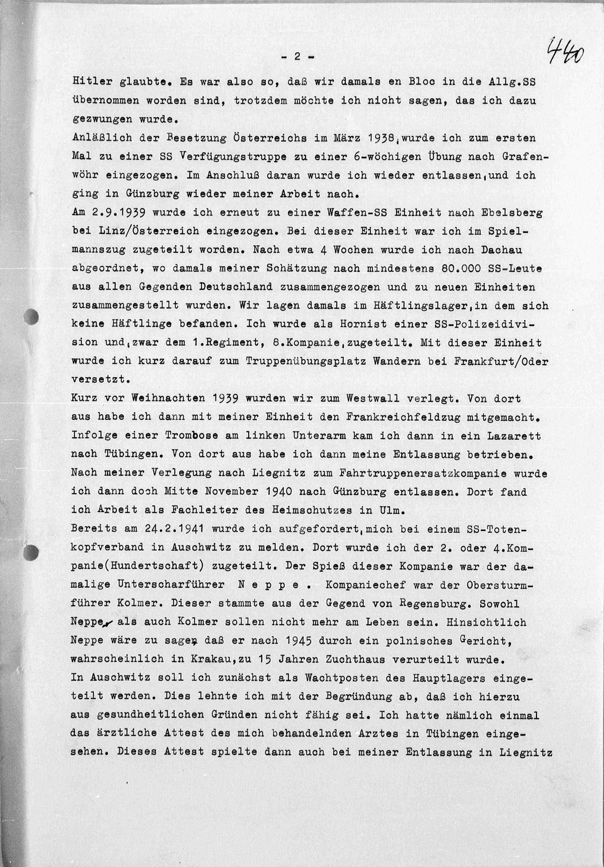 Interrogation of Richard Böck on Auschwitz dated February 5, 1959