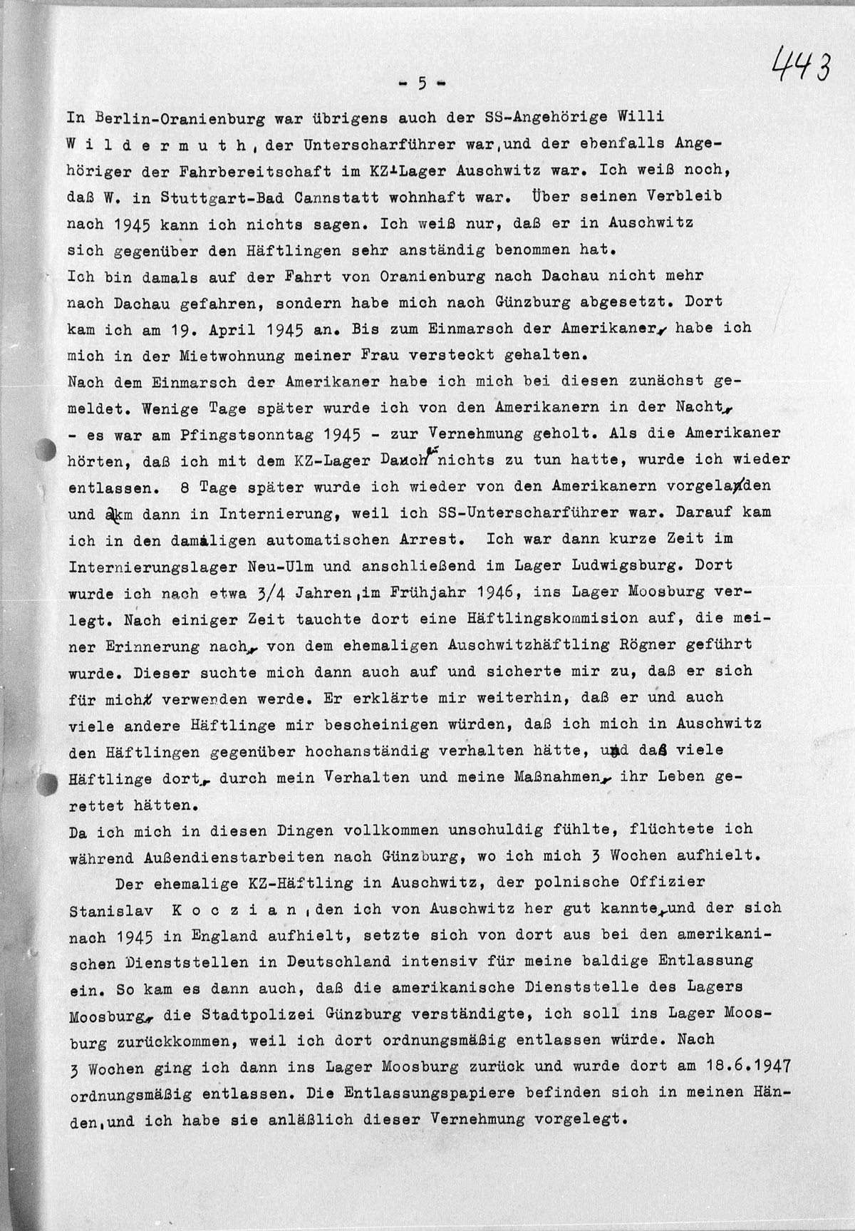 Interrogation of Richard Böck on Auschwitz dated February 5, 1959