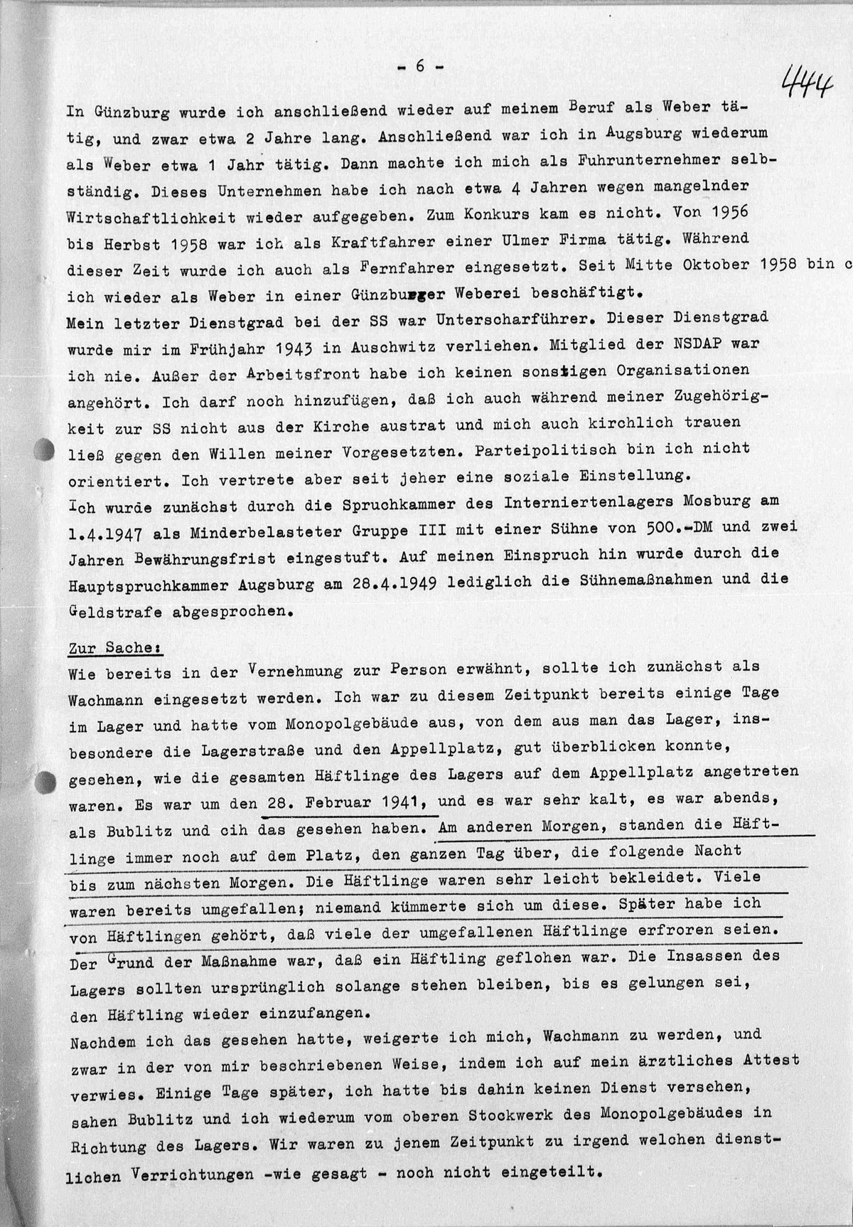 Interrogation of Richard Böck on Auschwitz dated February 5, 1959