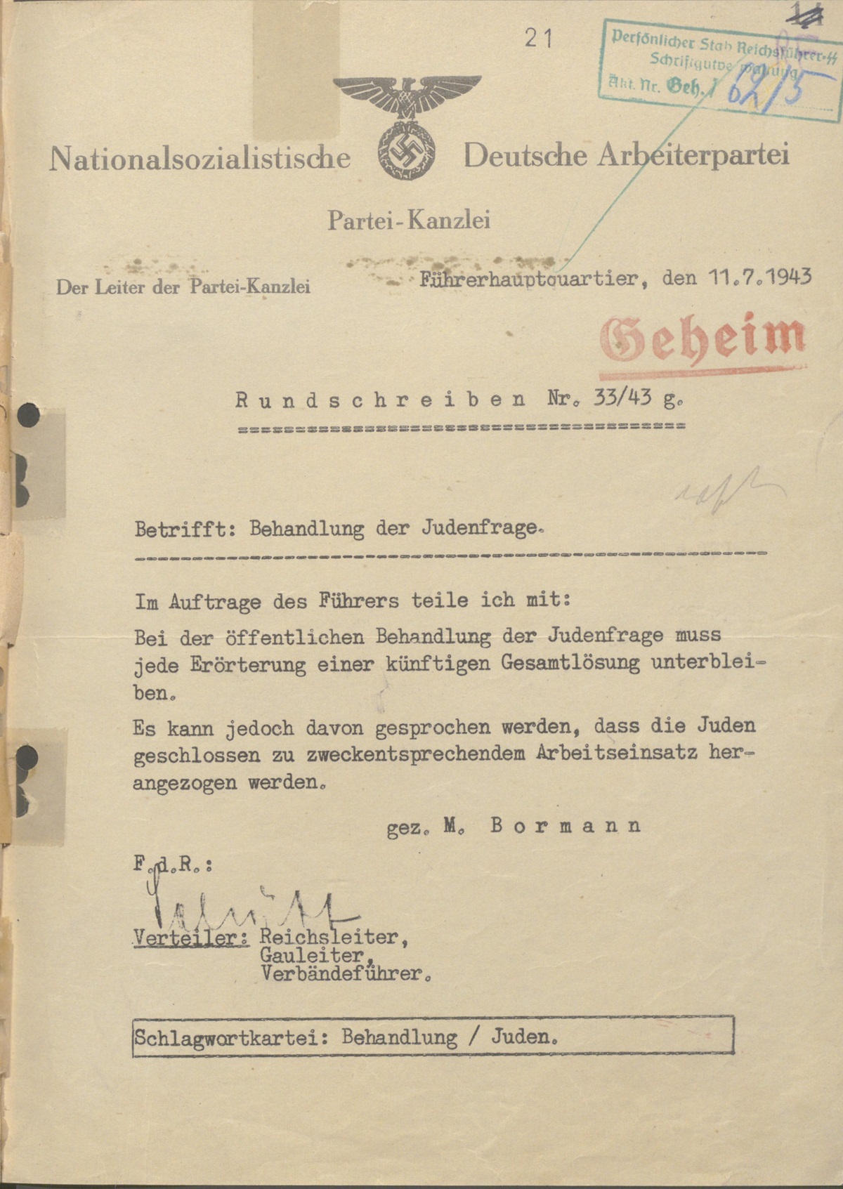 Letter dated July 11, 1943 (NS 19)  Bormann 1943 circular Jewish Question Nazi secrecy