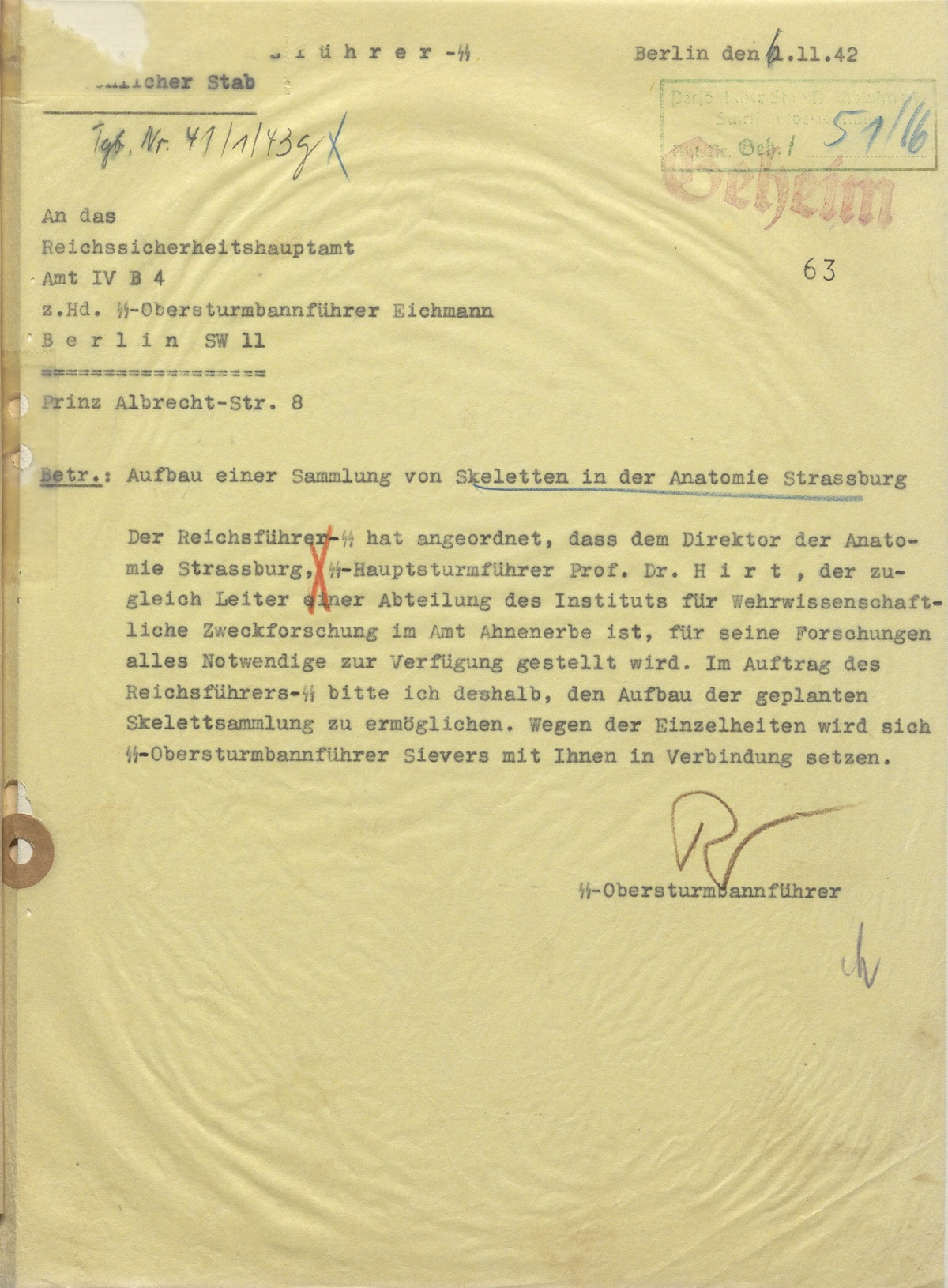 Letter dated November 6, 1942 from Brandt to Sievers on skeleton collection