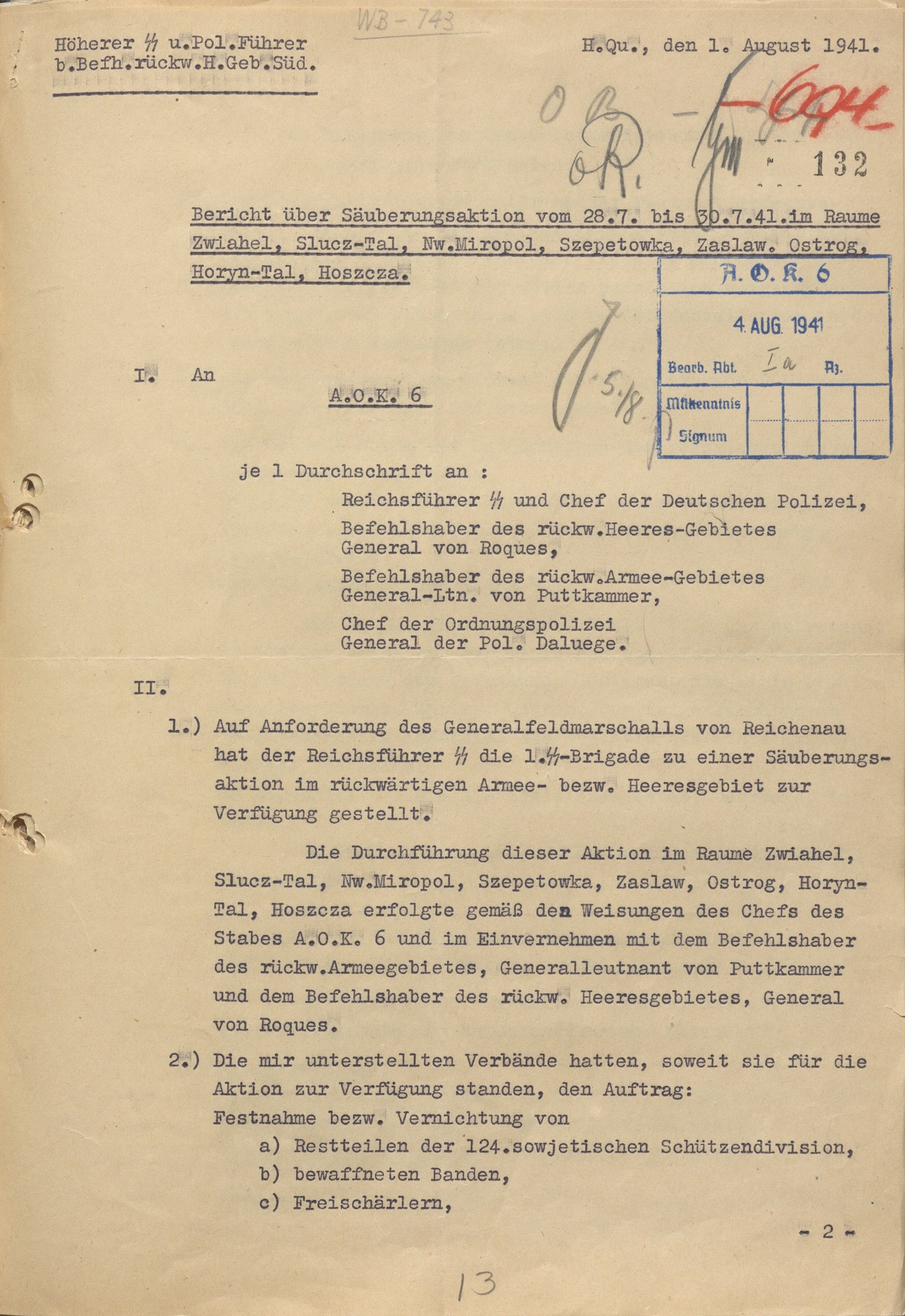 Report dated August 1, 1941 on cleansing operation in Volhynia