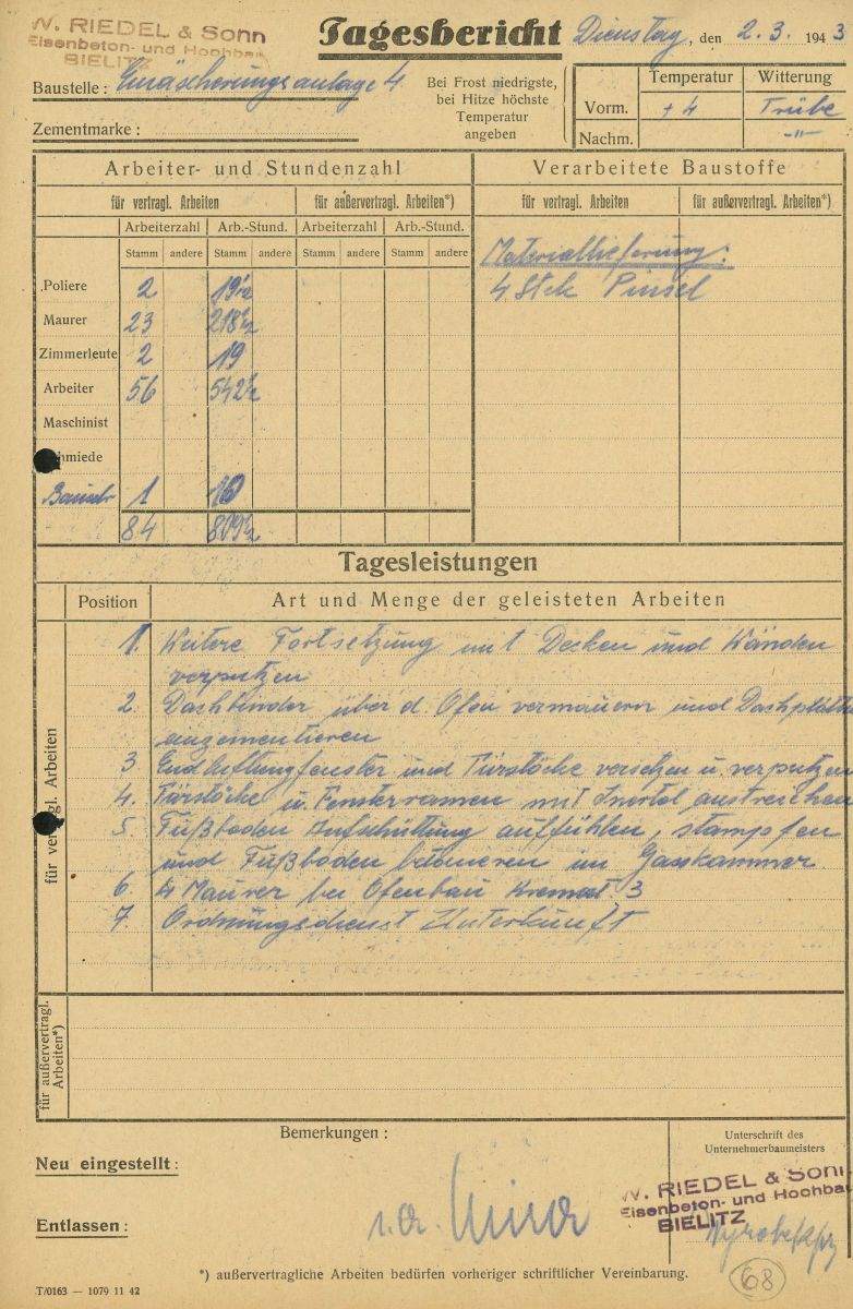 Daily report dated March 2, 1943 on Auschwitz crematorium 4 gas chamber