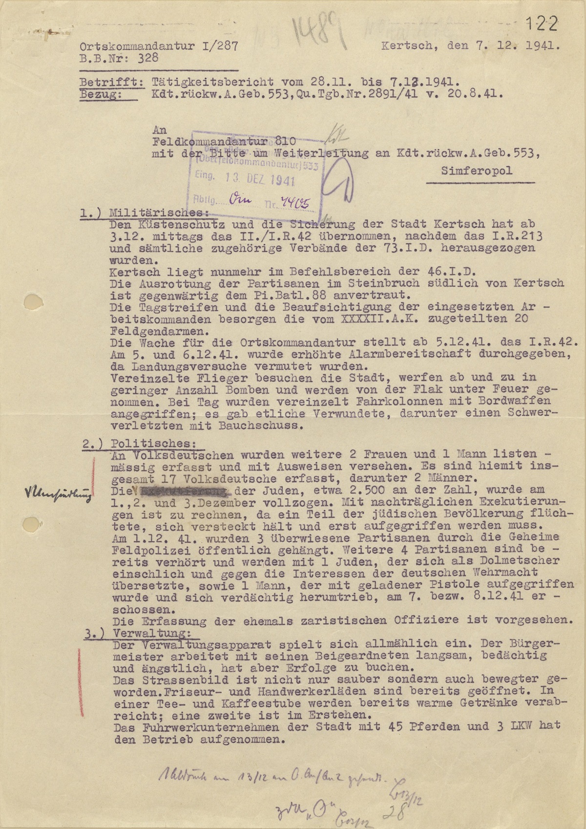 Report dated December 7, 1941 on execution of Jews in Kerch Crimea