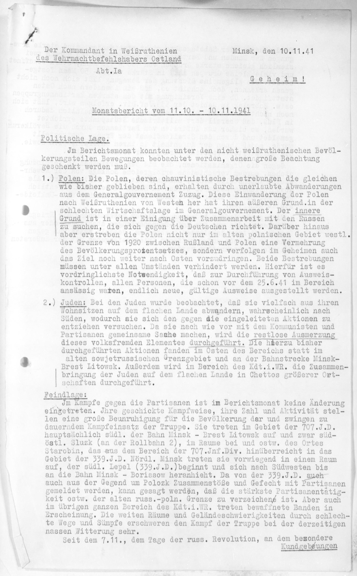 Wehrmacht Report dated November 10, 1941 on complete elimination of Jews