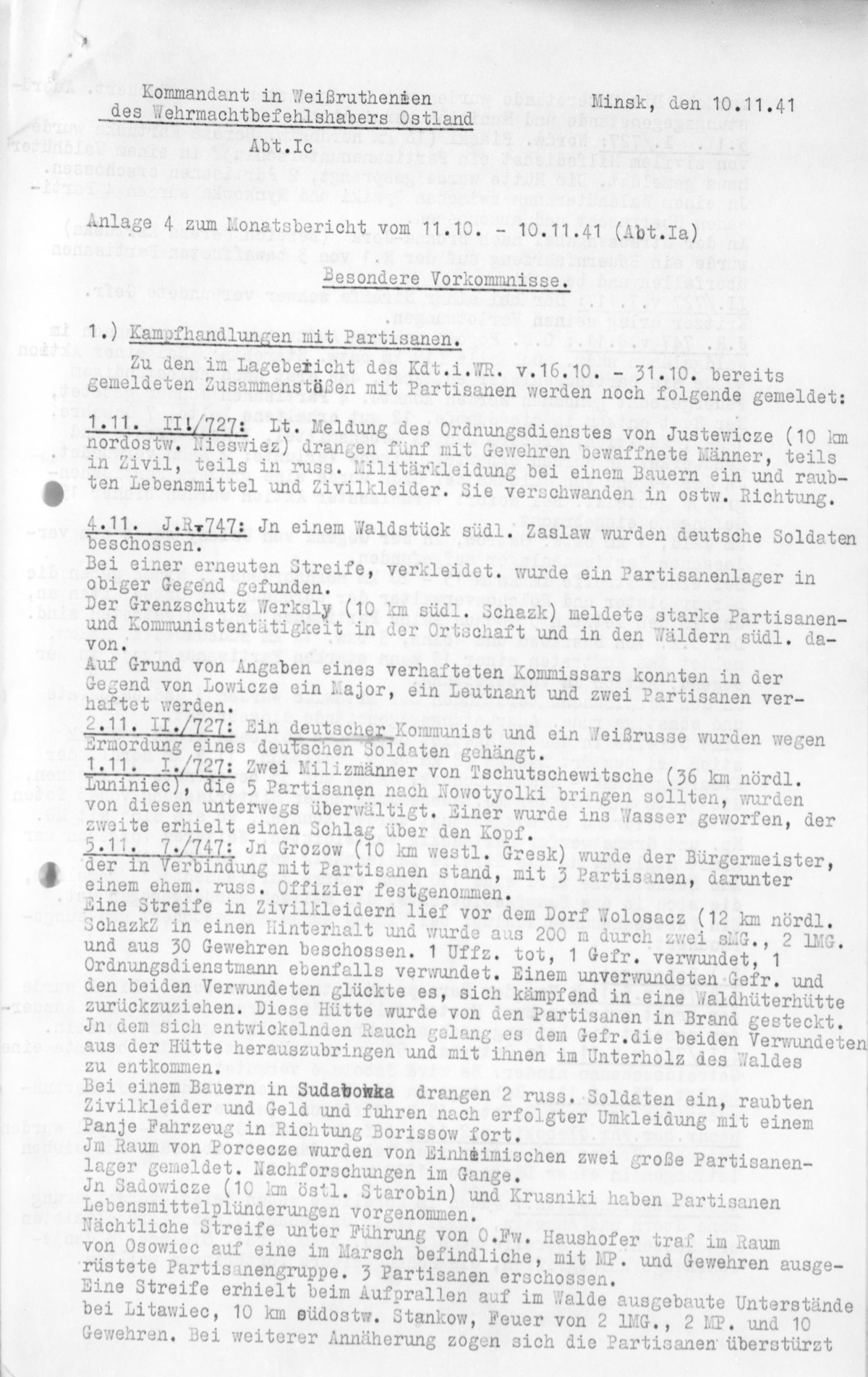 Report dated November 10, 1941 on JEws shot at Sluzk