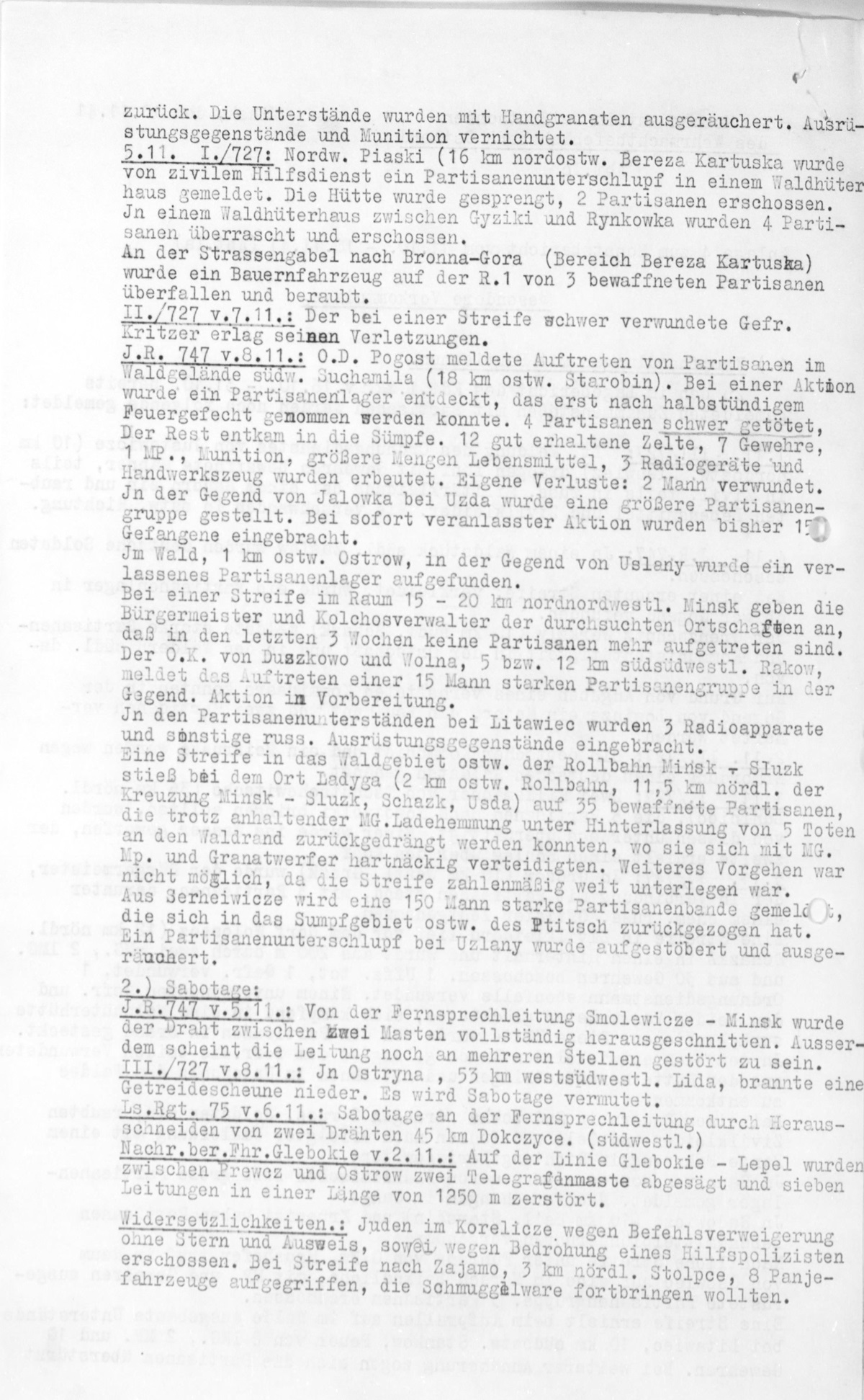 Report dated November 10, 1941 on JEws shot at Sluzk