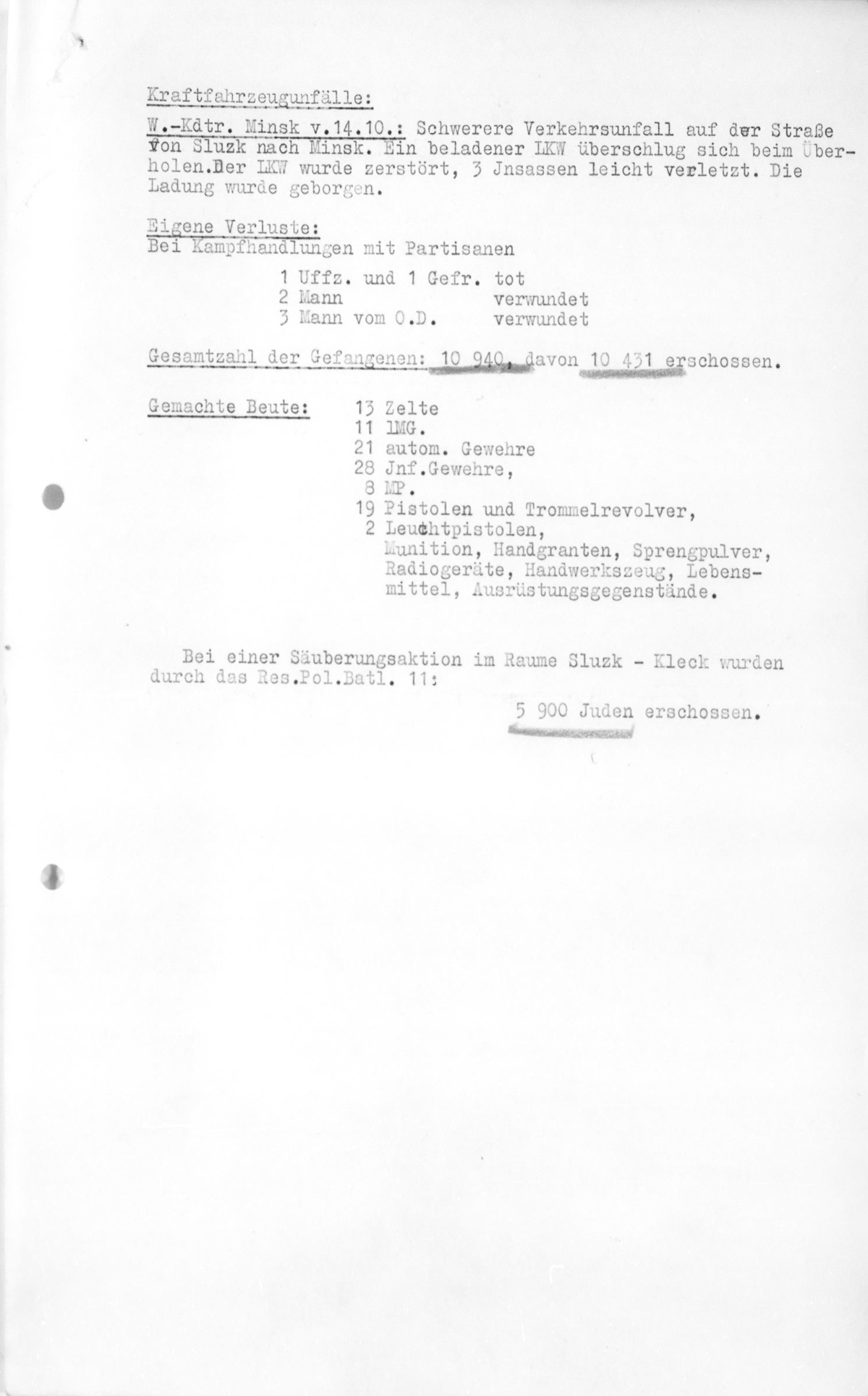 Wehrmacht Report dated November 10, 1941 on JEws shot at Sluzk
