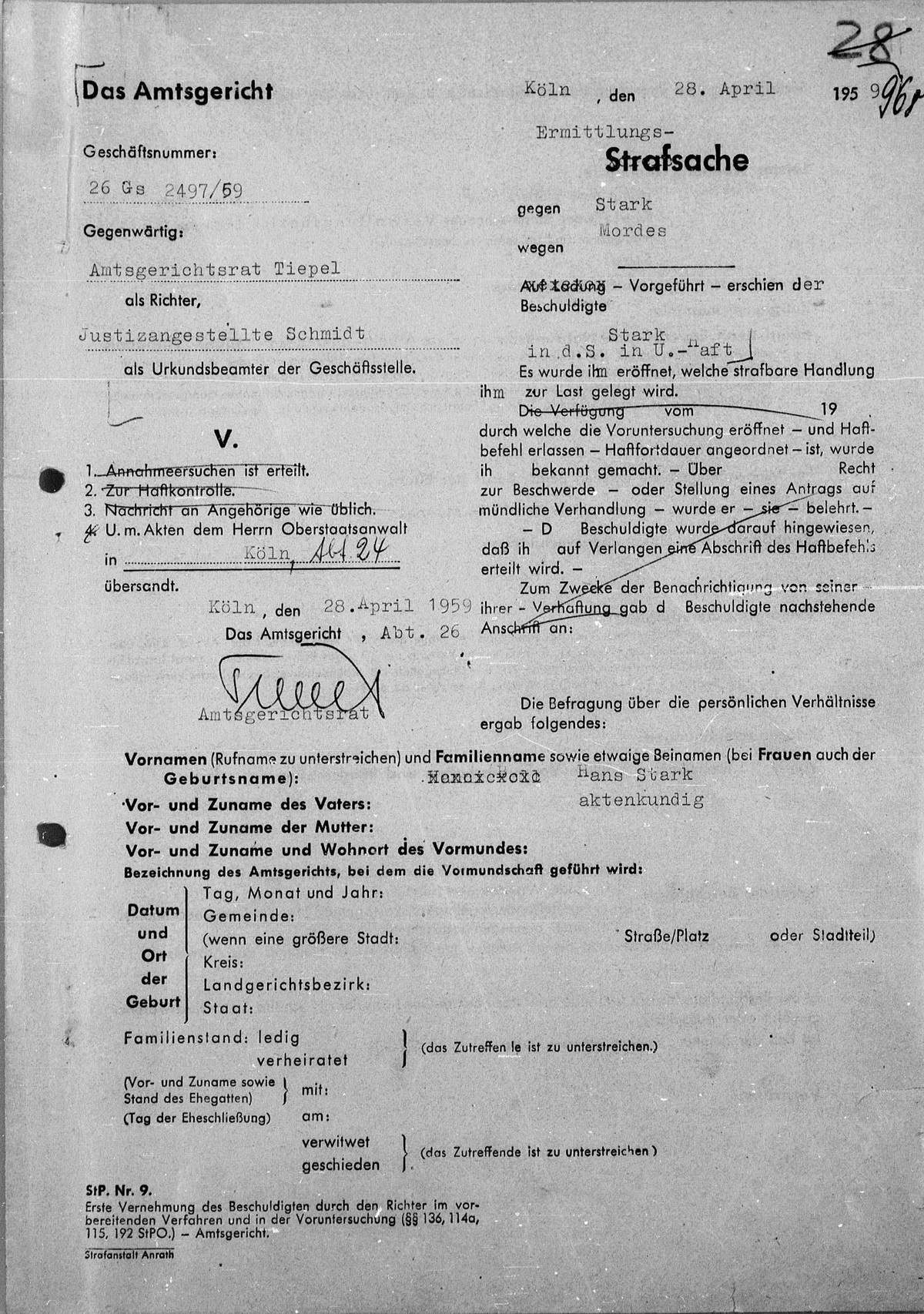 Interrogation protocoll dated April 28, 1959 Hans Stark Auschwitz