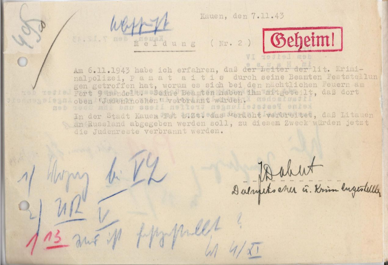 Report dated November 7, 1943 Sonderkommando 1005 Kaunas