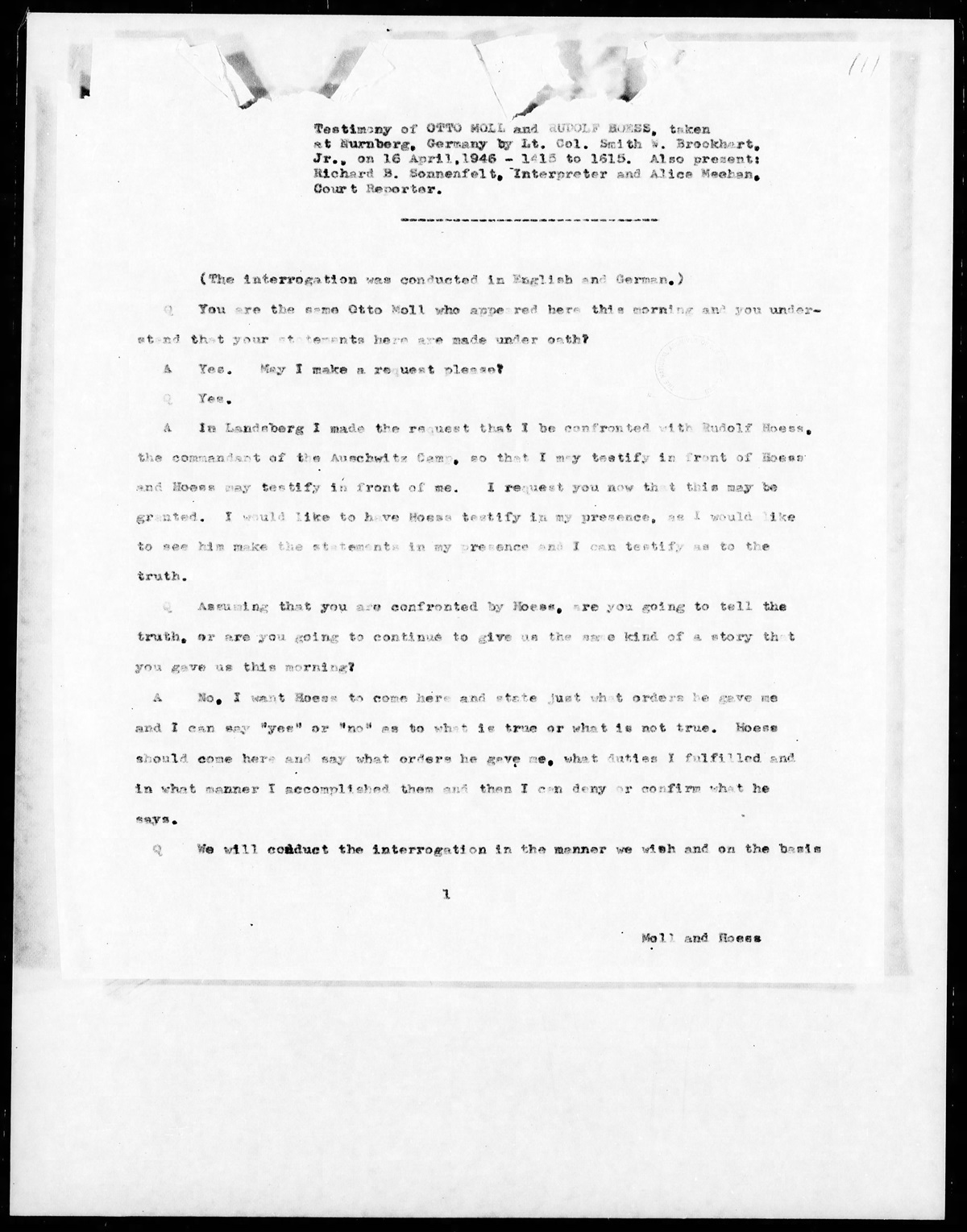 Interrogation protocol dated April 16, 1946