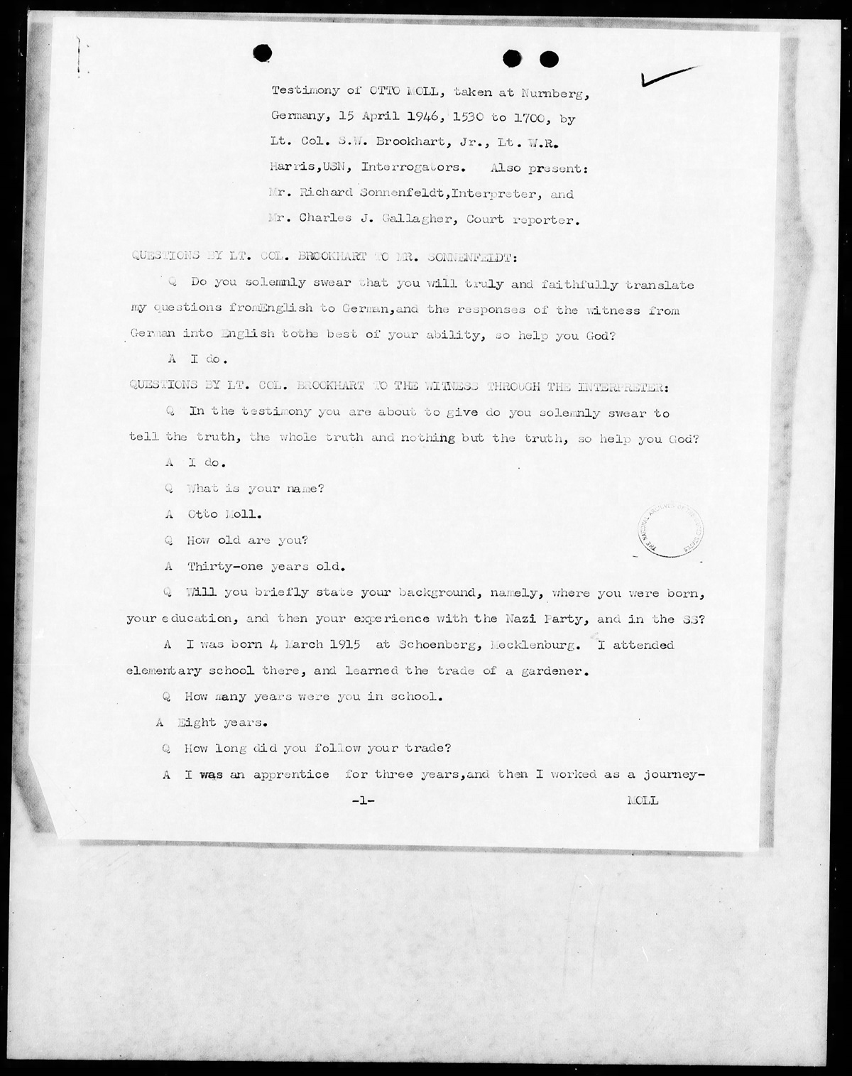 Interrogation protocol dated April 15, 1946 Otto Moll Auschwitz testimony