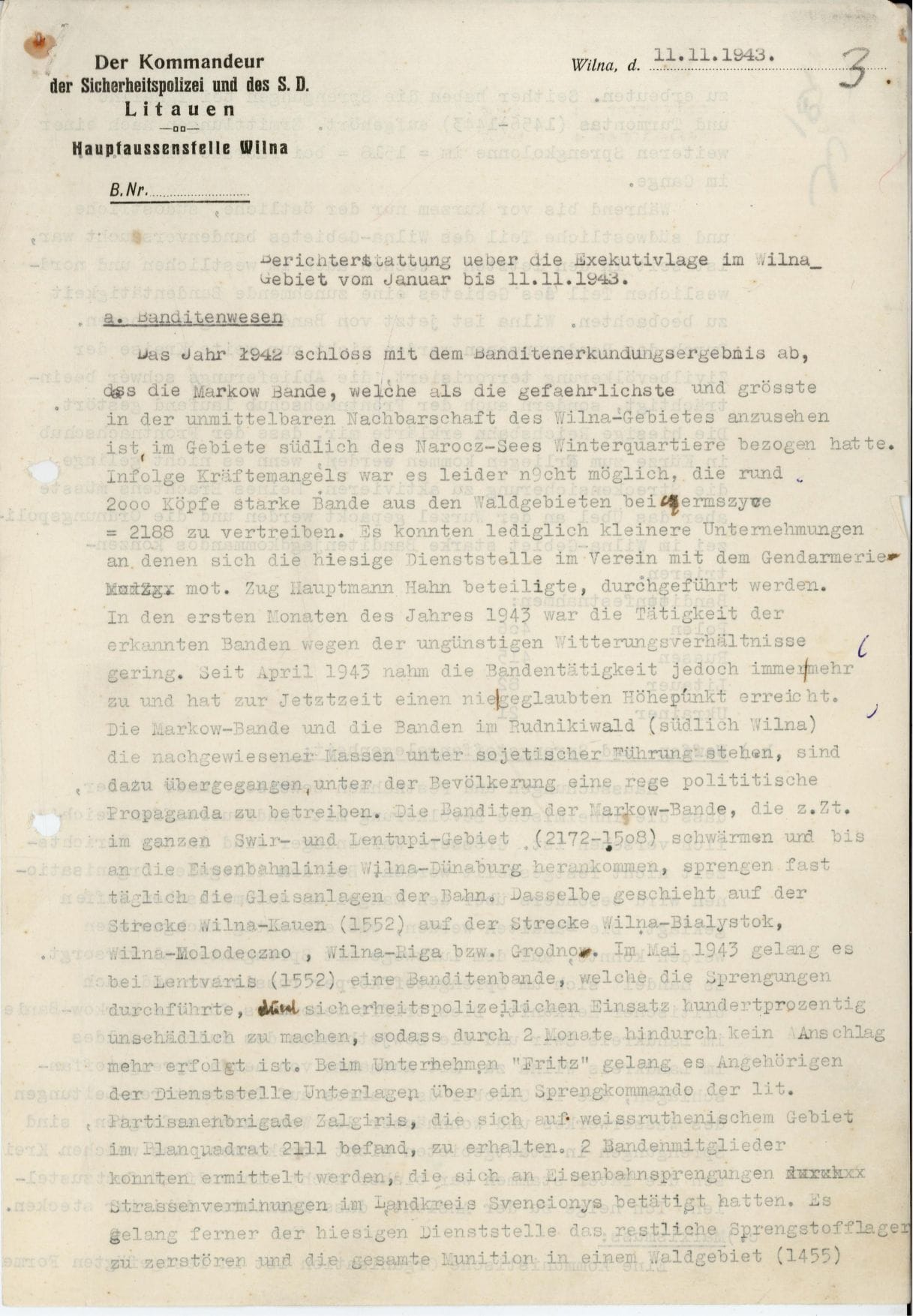 Report dated November 11, 1943 Vilna Ghetto executions
