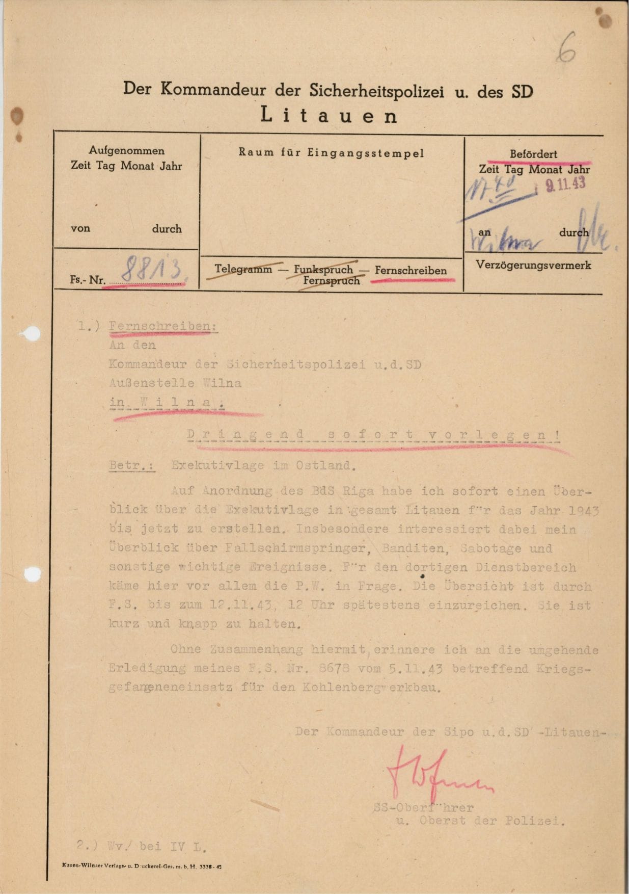 Teletype dated November 9, 1943