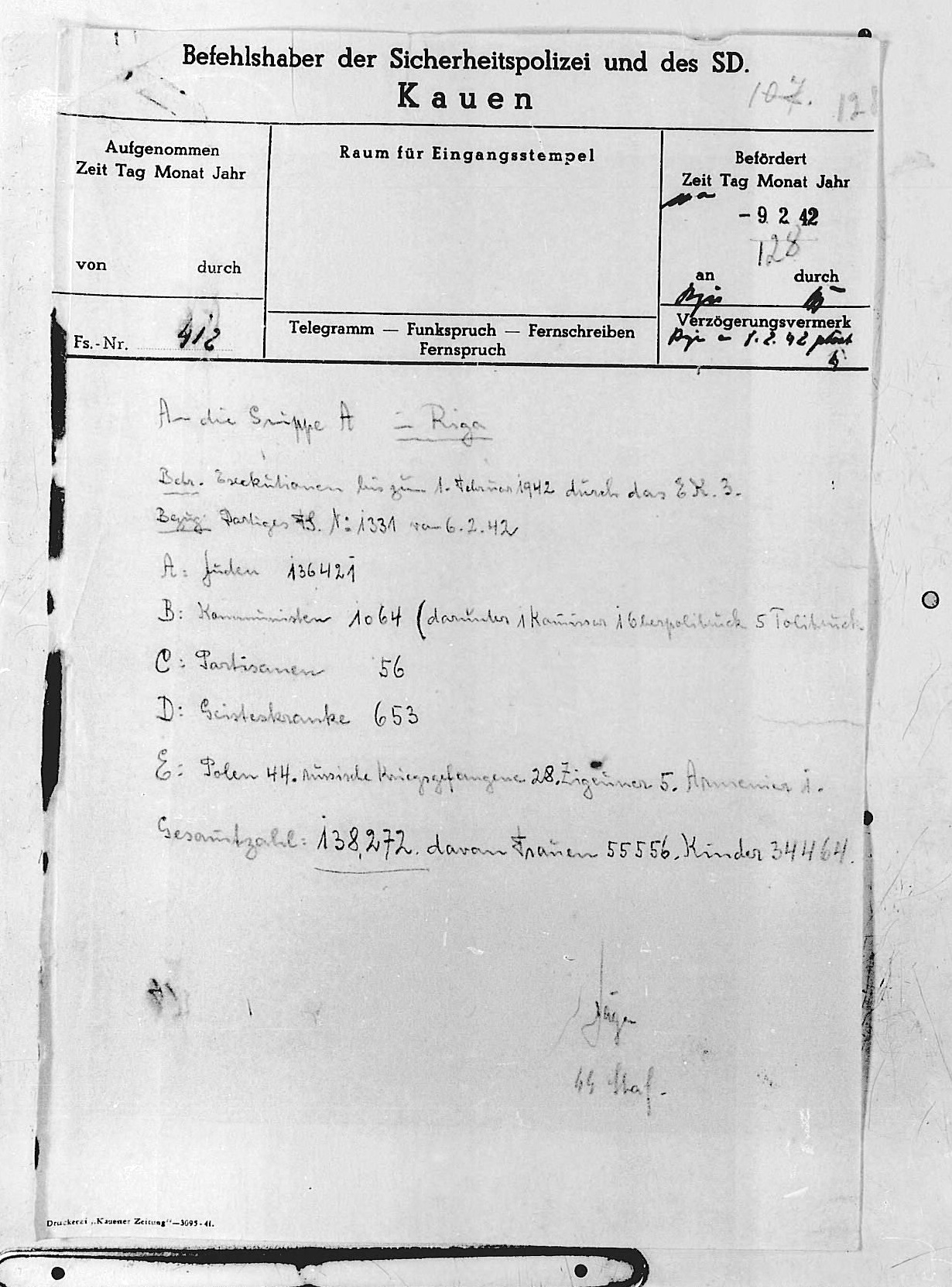 Telex dated 9 February 1942 Jäger report