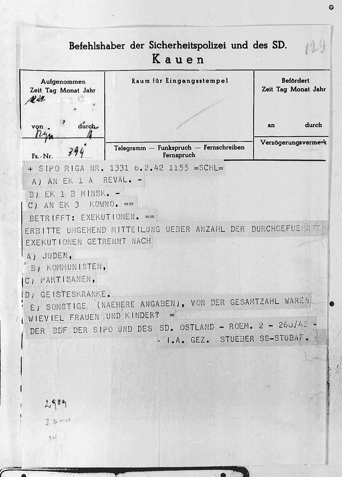 Telex dated 6 February 1942