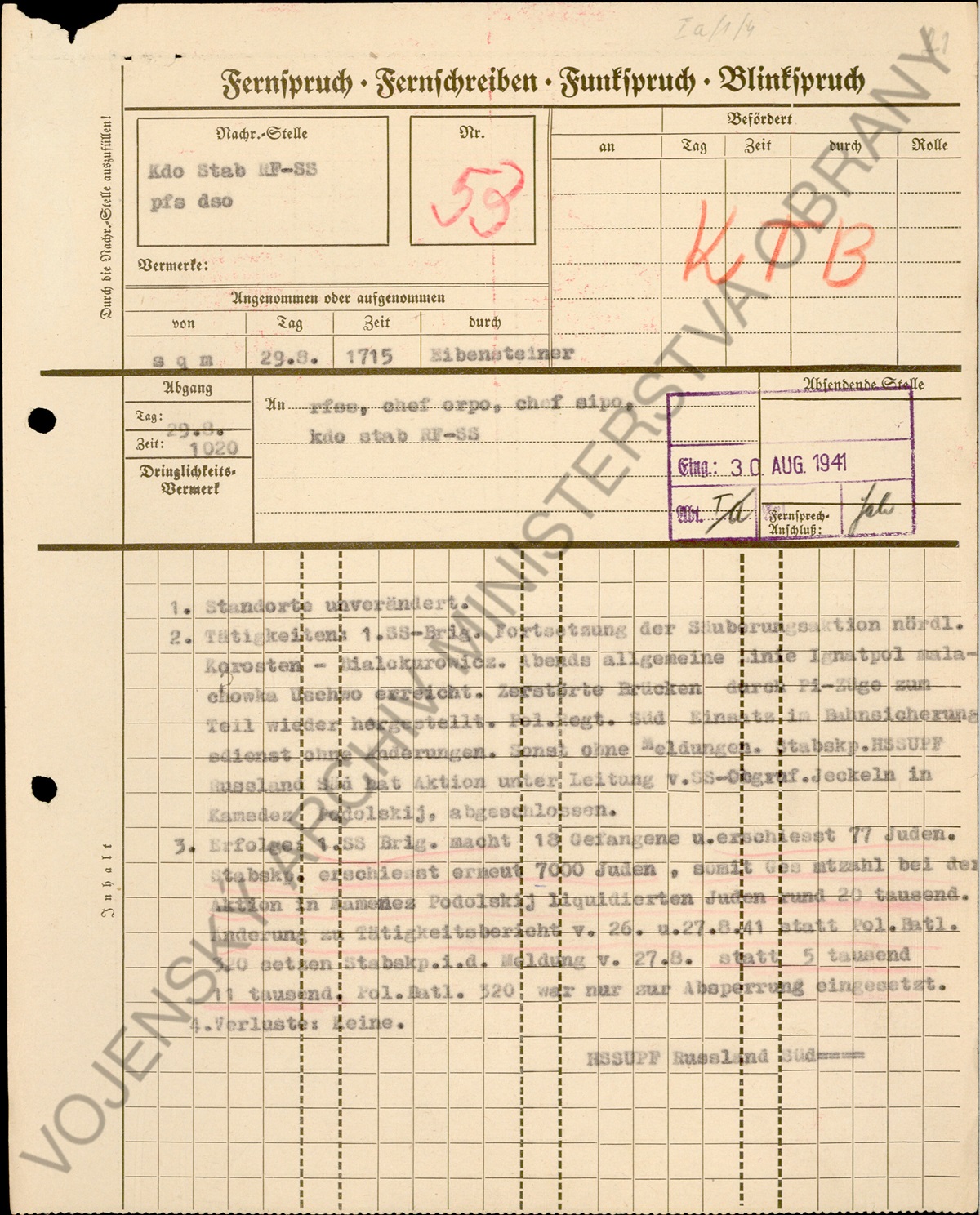 Radio signal dated August 29, 1941 shooting Jews Kamenets-Podolsky